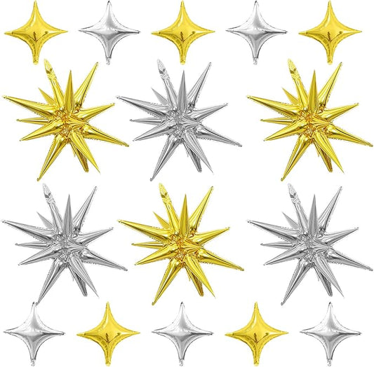 Gold Silver Star Balloons,Explosion Star Balloons Kit with 6Pcs 22Inch Cone Star Foil Balloons and 10Pcs 10Inch Four Pointed Star Balloons for Birthday Anniversary Disco Party Decorations