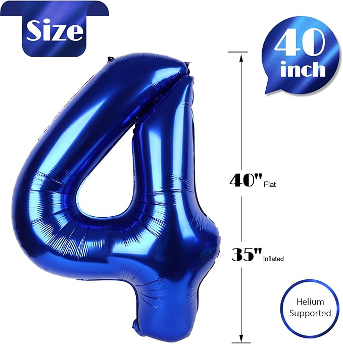 Night Blue Number 4 Balloon 40 Inch, 4th Birthday Party Decorations for Children, Giant 4 Foil Balloon for Party Supplies