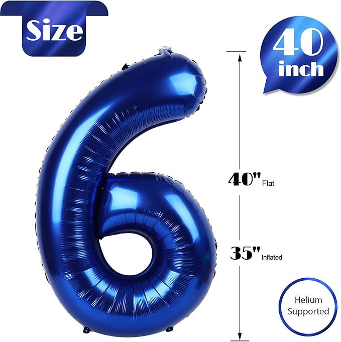 Night Blue Number 6 Balloon 40 Inch, 6th Birthday Party Decorations for Children, Giant 6 Foil Balloon for Party Supplies