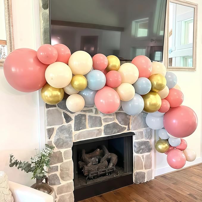Gender Reveal Balloon Arch Garland Kit, Dusty Pink and Blue Balloons Metallic Gold Sand White Balloons for Gender Reveal Boho Bachelorette Birthday Baby Shower Bridal Bear Theme Party Decorations