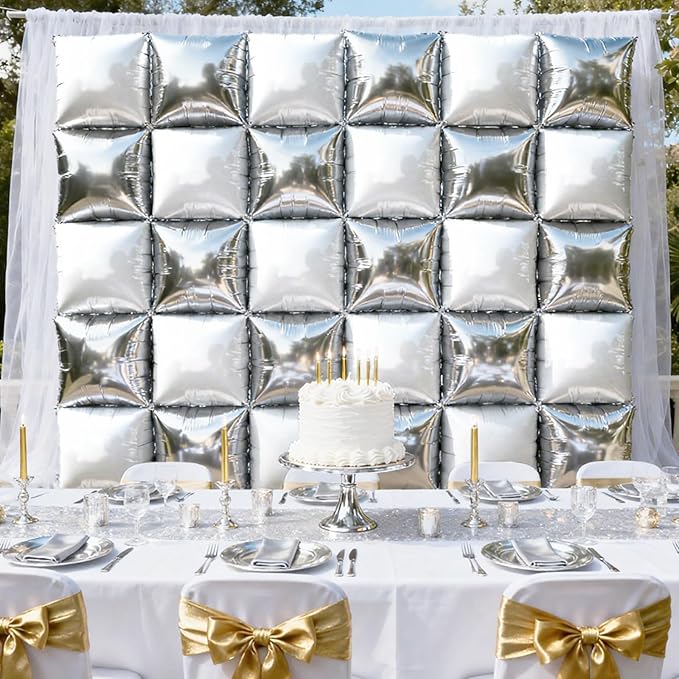 NISOCY 25PCS Metallic Silver and Pearl White Square Foil Balloons Wall Backdrop Double Sided Silver and White Balloons Arch Kit for New Year Birthday Engagement Wedding Bridal Shower Party Decorations