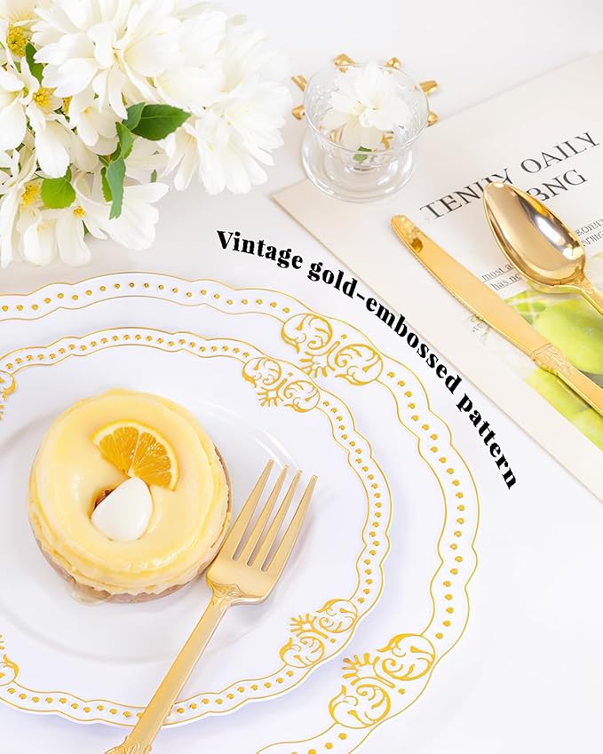 Ciaell 350 PCS Gold Plastic Plates - White and Gold Plates - Gold Disposable Plates Include 50 Disposable Plate, 150 Heavy Duty Silverware, 50 Cups, 50 Napkins for Wedding & Party & Thanksgiving