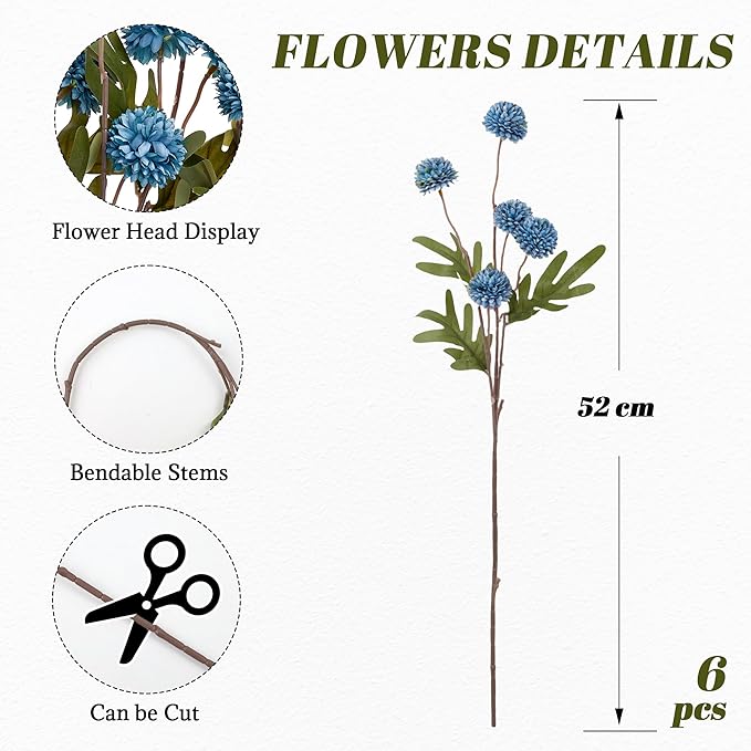 SITUMEIZI Dusty Blue Flowers, Faux Silk Mini Chrysanthemum Stems, 6Pcs Fake Mums Artificial Flowers for DIY Wedding Centerpieces, Home Decor, Vase Arrangements and Floral Crafts