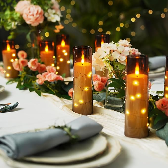 Raycare Flameless Candle with Remote Timer – 9 Flickering Acrylic Battery Operated LED Pillar Candles with Embedded Star String for Christmas, Home Decor, and as a Gift(Grey)