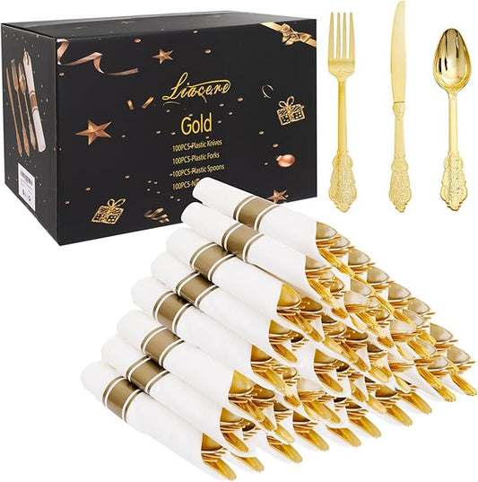 Liacere 400PCS Gold Plastic Silverware - Pre Rolled Napkins Disposable Gold Plastic Cutlery-Premium Quality Utensils-Includes 100Forks,100Knives,100Spoons,100 Napkins & Wedding & New Year