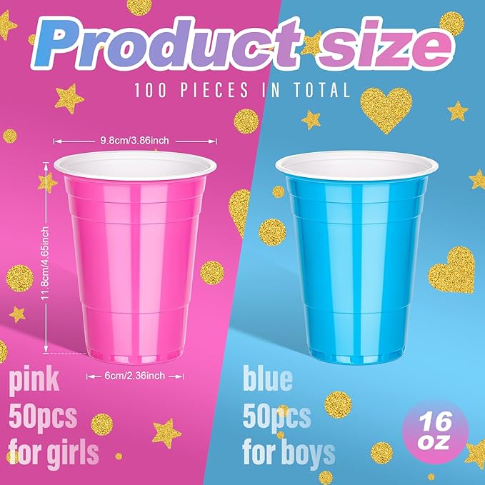 KesaPlan 100PCS 16oz Plastic Cups Bulk, Blue and Pink Disposable Cups for Gender Reveal Party Supplies, Drinking Cups for Baby Shower Decoration, Birthday, Family Gathering, Holiday Theme Events