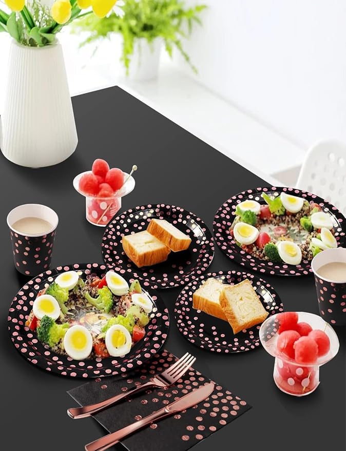 141 Pieces Black and Rose Gold Party Supplies, Disposable Party Decorations Sets Include Paper Plates Napkins Cups, Plastic Forks Knives Spoons, for Baby Shower Birthday Wedding -20 Guests