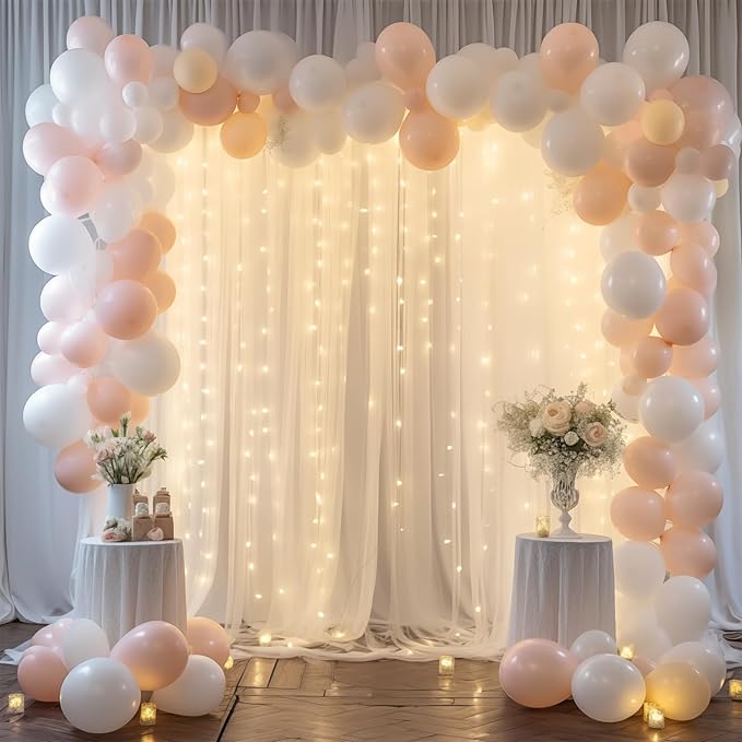 10ft x 8ft White Backdrop Curtain with Lights String for Parties, Sheer Tulle Wedding Photo Backdrops Drapes for Baby Shower Birthday Party Decorations Background for Photography