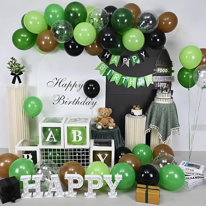 Green Brown Balloons, 60 Pcs 12 Inch Dark Green Black Confetti Balloons for Boys Men Kids Video Game Theme Jungle Safari Baby Shower Woodland Hunting Graduation Camo Birthday Army Party Decorations