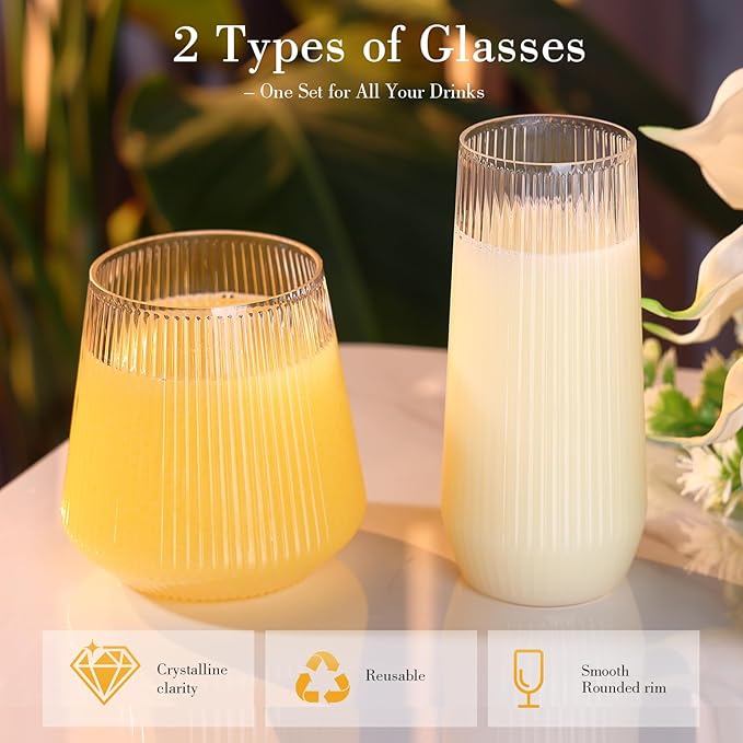 48 Pack Plastic Glasses – 24 x 9oz Stemless Champagne Flutes & 24 x 12oz Stemless Wine Glasses – Elegant Disposable Shatterproof Cup – BPA-Free Drinkware for Weddings, Parties (Clear Ribbed)