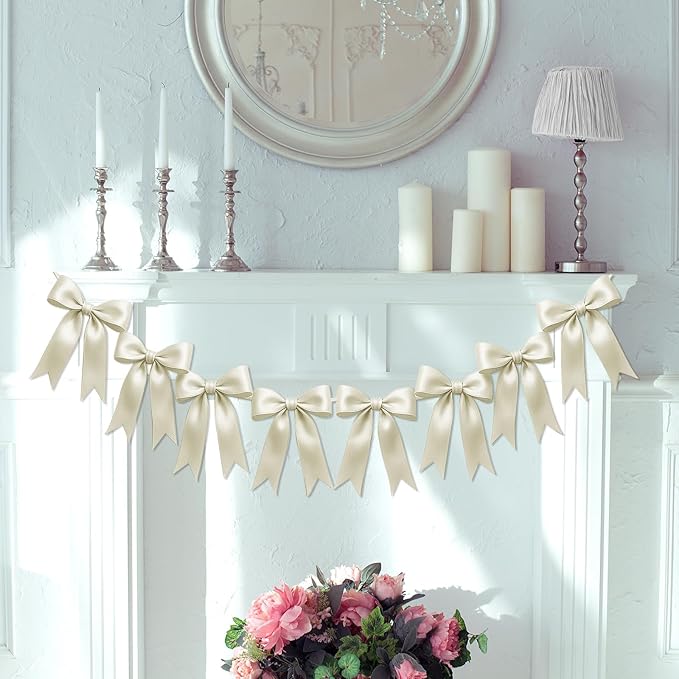 1 String of 8PCS Ivory White Bow Garland Banner Decoration,Pre-Strung Satin Ribbon Ornaments for Birthday,Bachelorette Party,Bridal Shower,Wedding,Engagement,Baby Shower,Graduation Decor,Anniversary