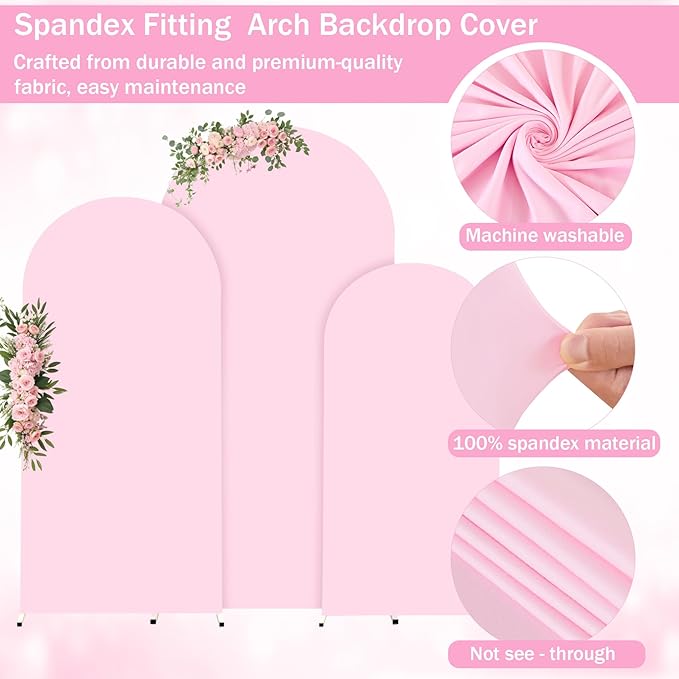 (7.2FT, 6.6FT, 6FT) Wedding Arch Cover Set of 3 Pink Spandex Fitted Arch Cover for Round Top Chiara Backdrop Stand Covers for Birthday Party Banquet Photo Background Decoration
