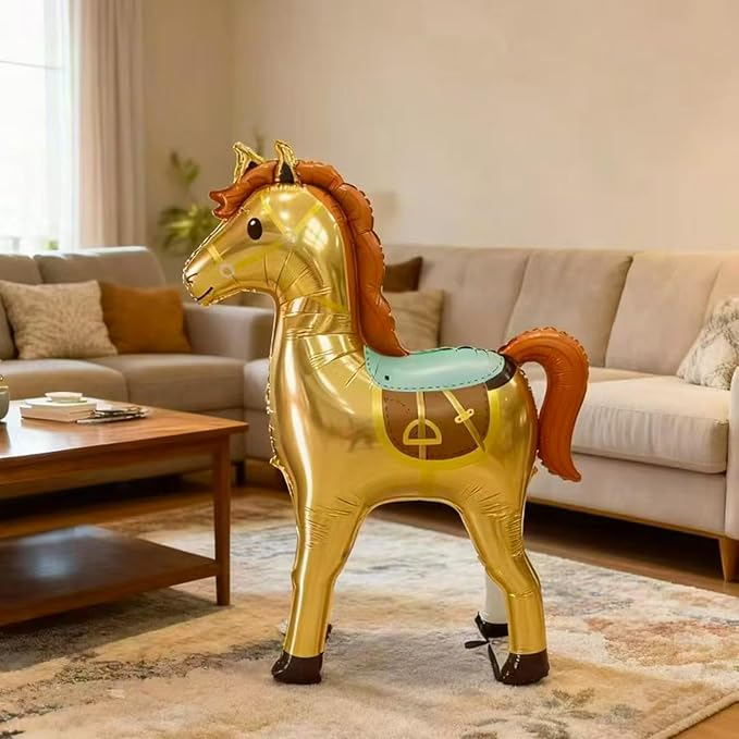 Jumbo 3D Inflatable Horse Balloon,58" Standing Animal Noble Horse Foil Balloon for Party Decoration,Western Cowboy Themed Equestrian competition performance Birthday Party Supplies (Gold)