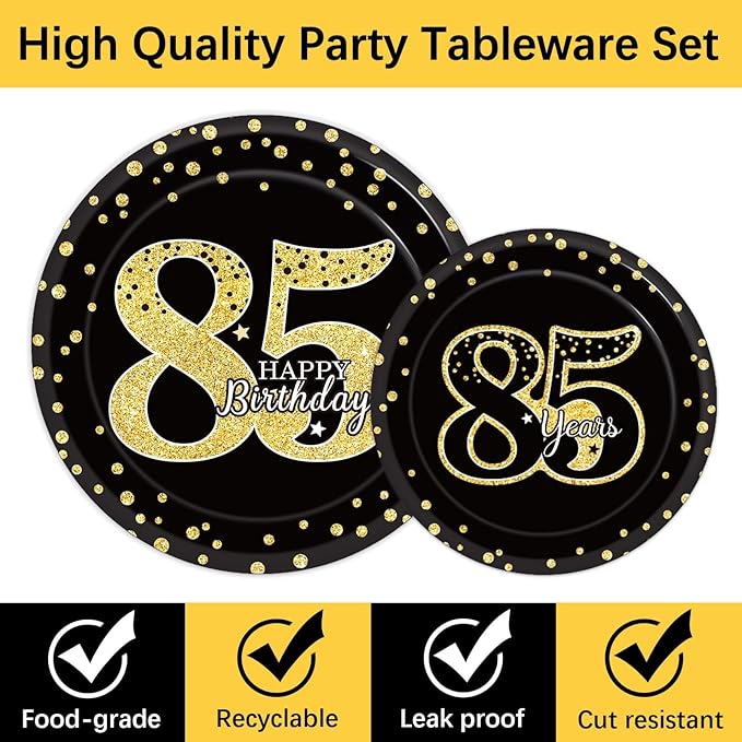 96 Pcs 85th Birthday Party Supplies - Tableware Plates, Cheers to 85 Years Table Decorations, Dinnerware, Happy 85th Birthday Party Favor for 24 Guests
