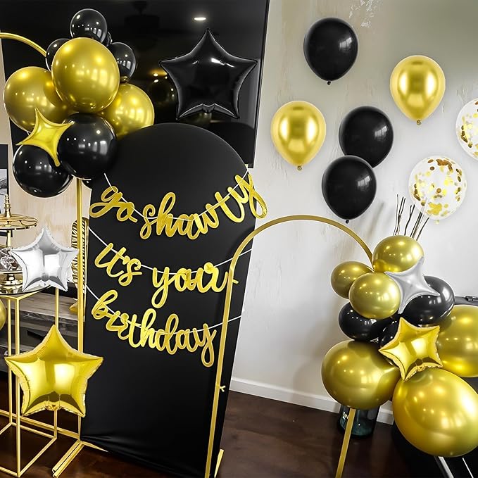 Gold Go Shawty It's Your Birthday Banner Balloons Set, Glitter Happy Birthday Banner with Black Gold Confetti Balloon Star Foil Balloon for Man Women Hip Hop Rap Theme Birthday Party Decorations