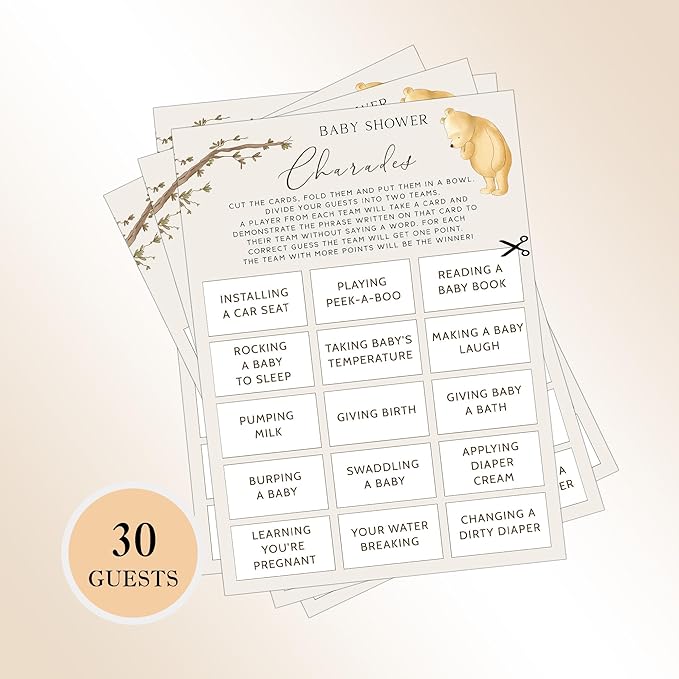 Winnie Baby Shower Games, Baby Shower Charades, Baby Shower Game Cards, Set of 30, Winnie The Pooh Party Favors, Baby Shower Party Games Supplies & Activities, Baby Shower Decorations