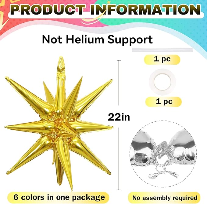 6PCS Star Balloons, 22Inch Large Colorful Star Balloon Foil Balloons Spike Cone Balloon for Birthday Graduation Anniversary Christmas New Year Party Decorations
