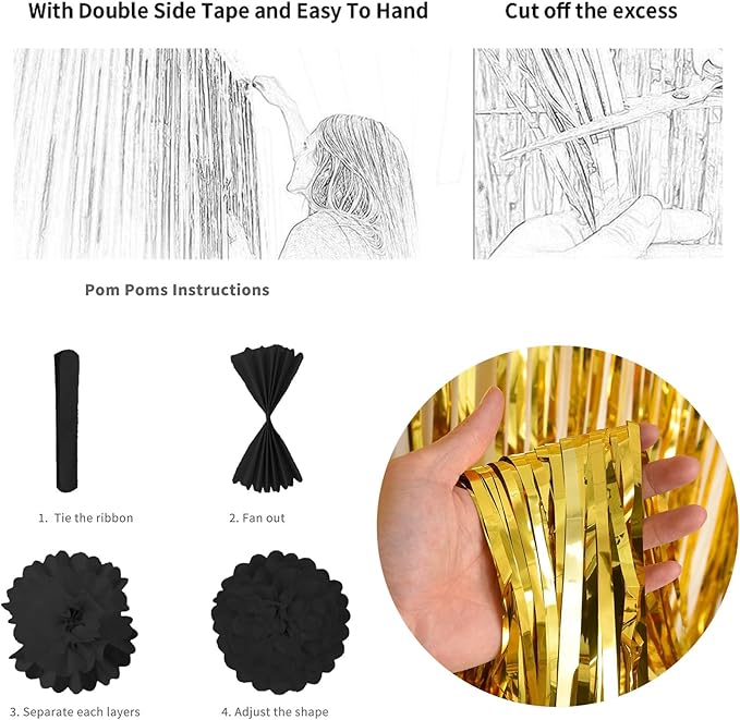 Black Gold Birthday Decorations, Gold Black Foil Confetti Balloons Foil Balloon Happy Birthday Banner Pom Poms Fringe Curtain for Men Women Bday Party Decoration Supplies