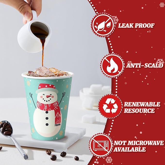 100 Pack Christmas Paper Cups 12 oz Xmas Disposable Coffee Cups, Snowman Elk Xmas Party Cup for Hot Cocoa Chocolate, Christmas Holiday Party Drinkware Supplies