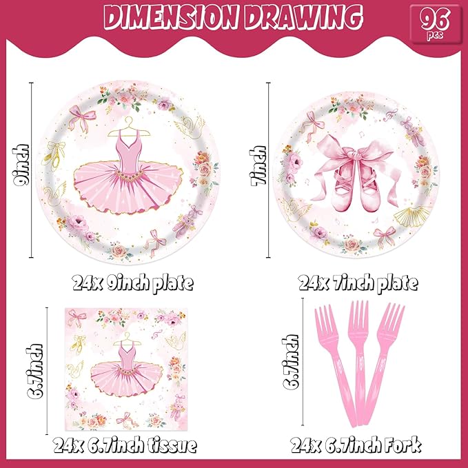 96Pcs Ballerina Birthday Party Decorations for 24 Guests - Disposable Tableware Ballerina Supplies Party Favors Plates and Napkins Forks for Girls Baby Shower Birthday Decorations