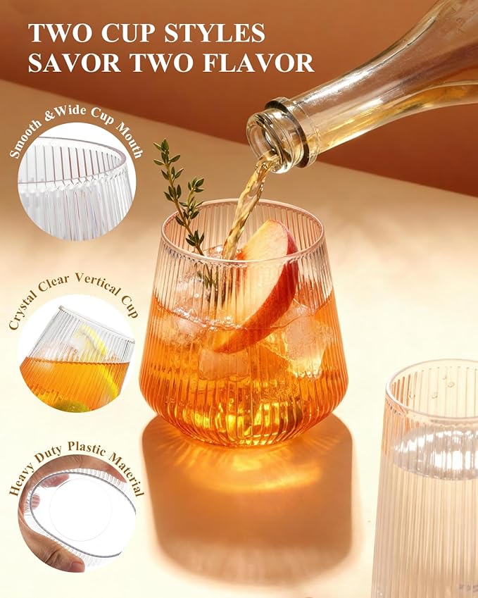 BESTSTAR 48 Pack Disposable Ribbed Origami Ripple Plastic Glasses Set - 24 9 OZ Stemless Champagne Flutes & 24 12OZ Cups, BPA-Free Shatterproof Clear Drinkware for Weddings, Parties & Events (Clear)