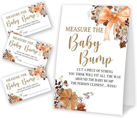 Bow Measure The Baby Bump - Thanksgiving Baby Shower Card Set (1 Sign With 50 Guess Cards), Fall Florals Gender Reveal Party Favor Supplies -A09