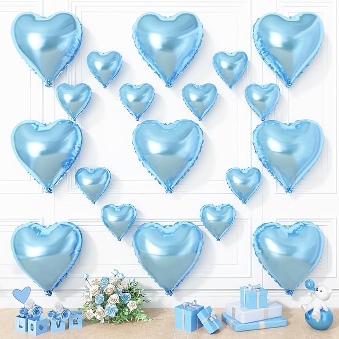 Blue Heart Balloons, 19PCS Light Blue Heart Shape Balloons, 18Inch with 10Inch Helium Foil Balloon Love Balloon for Birthday Baby Shower Wedding Engagement Valentines Party Decorations
