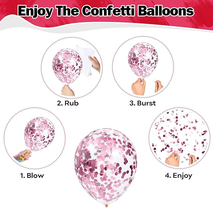 Pink Balloons Set 12 Inch Hot Pink and White Balloons 35 Pcs Rose Red Light Metallic Pink Confetti Balloon for Girls Women Princess Valentines Engagement Wedding Baby Shower Birthday Party Decorations