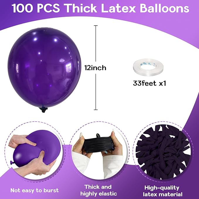 Purple Balloons 12 Inch, 100 Pack Dark Matte Royal Latex Balloons for Arch Deep Party Helium Decorations - Wednesday Birthday Halloween Graduation