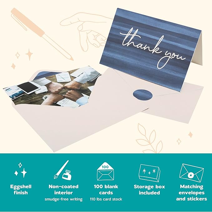 VNS Creations Thank You Cards With Envelopes Bulk Set & Stickers - 100 Pack 4x6 Blank Thank You Notes Bulk Box Set - Large Note Card Small Business, Wedding, Baby Shower & Bridal Shower - Ombré