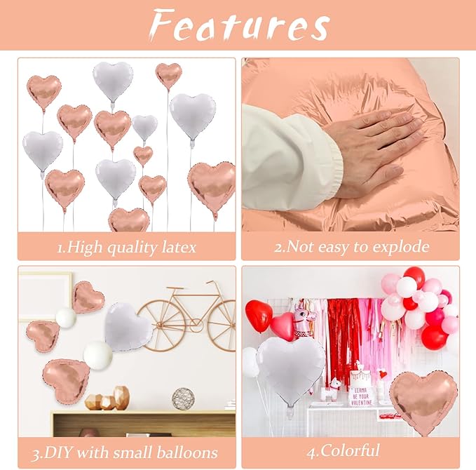 Rose Gold Heart Balloons, 10PCS Heart Shape Balloons, Valentines 18inch Rose Gold Foil Balloon for Helium Valentine Decorations