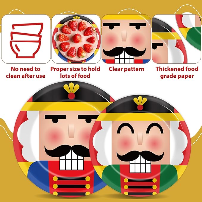 96 Pcs Christmas Nutcracker Plates Party Supplies for 24 Guests Merry Christmas Tableware Table Decorations Soldier Model Nutcracker Plates Napkins Dinnerware for Kids Winter Xmas Holiday Party Favor