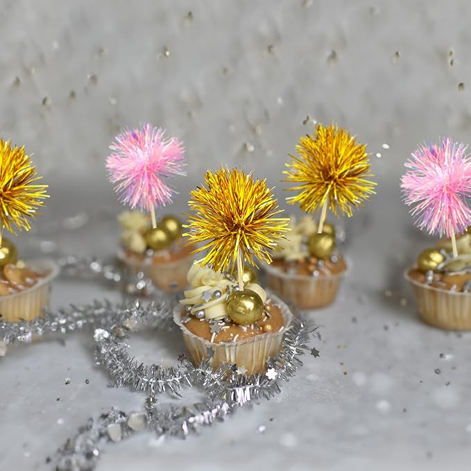 Gyufise 30Pcs Foil Firework Cupcake Toppers Sparkle Tinsel Cake Toppers Tinsel Drink Cake Decoration Cocktail Picks for Birthday Wedding Graduation Party Supplies Gold Pink
