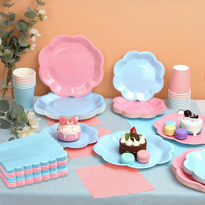 260 Pcs Blue And Pink Party Supplies - For 52 Guests Paper Plates And Napkins/Cups - Disposable Big Scalloped Dinner Party Set Cutlery - For Bbq Baby Shower Bridal Shower Wedding