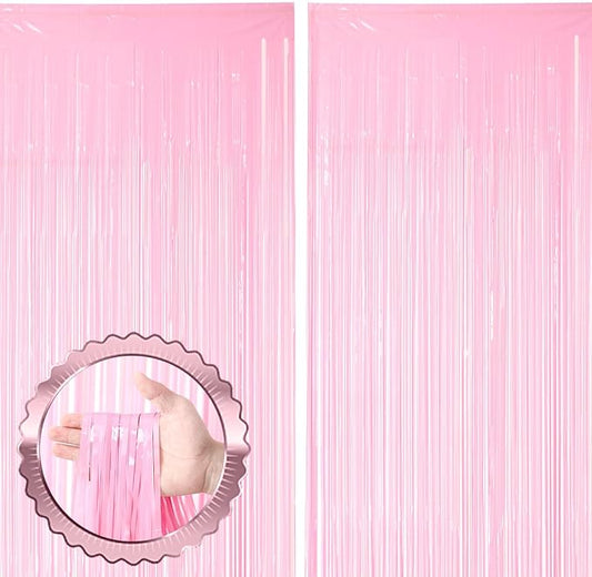 2 Pack Pastel Pink Tinsel Foil Fringe Curtains, Pink Party Decorations, Metallic Tinsel Party Streamers Backdrop for Birthday Baby Shower Graduation Wedding Gender Reveal Party Decorations