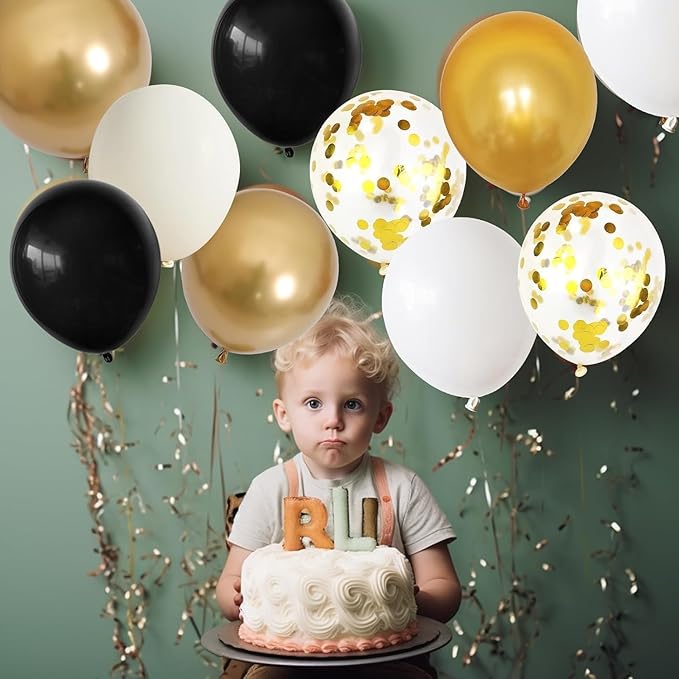 Black Gold Beige Balloons, 60PCS Black Gold White Sand Balloons Party Balloon with Metallic Gold Confetti Party Balloon for Graduation, Weddings, Birthday, New Year Decorations