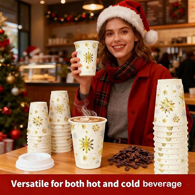 100 Pcs Christmas Coffee Cups with Lids 12oz Gold Foil Snowflake Paper Cups Insulated Cups for Xmas Hot Cocoa Beverage Winter Party Supplies Hot Chocolate Coffee Water Tea Xmas Holiday Supplie