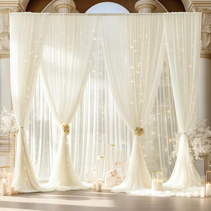 30ft x 10ft Ivory Backdrop Curtain with Lights String for Parties, Sheer Tulle Wedding Photo Backdrops Drapes for Baby Shower Birthday Party Decorations Background for Photography