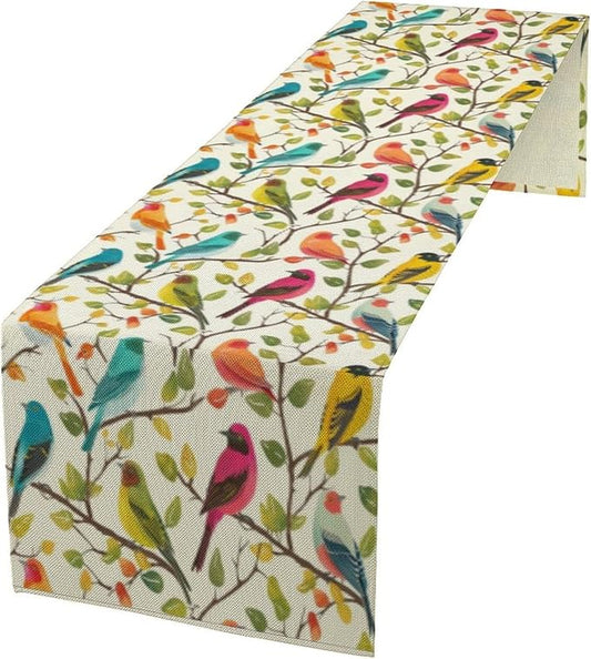 Spring Bird Floral Table Runner,Birds Table Runner Burlap Table Decoration for Seasonal Home Kitchen Dining Dinner Indoor Holiday Farmhouse Decor 13x90 Inch