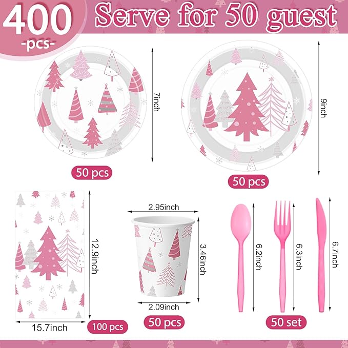 Pickmesh 400 Pcs Christmas Party Supplies Pink Silver Xmas Tree Snowflake Disposable Paper Plates Napkins Cups Cutlery for Winter Xmas Christmas Birthday Party Table Decorations Serve 50