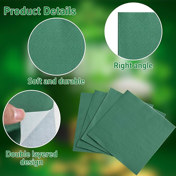 FLOWERCAT 100-Count 2-Ply Dark Green Napkins - Green Napkins Disposable Premium Quality - 5" x 5" Green Paper Napkins for Easter Party & St. Patrick's Day,Bar,Weddings,Birthday