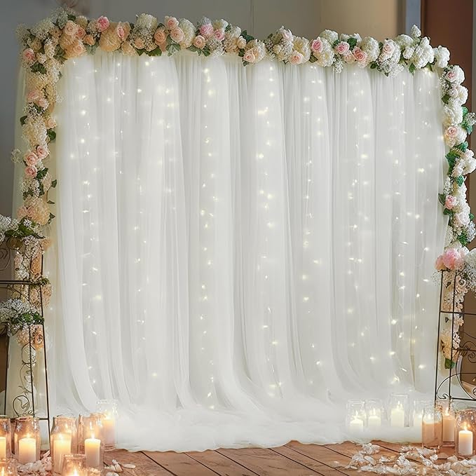 20ft x 10ft White Backdrop Curtain with Lights String for Parties, Sheer Tulle Wedding Photo Backdrops Drapes for Baby Shower Birthday Party Decorations Background for Photography