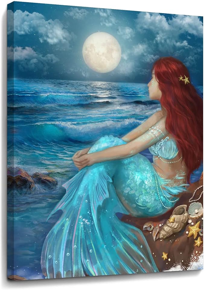 Girl Wall Decorations Blue Ocean Wall Art Bedroom Decor for Women Moon Night Wall Painting Shell Canvas Prints Size 12"x 16"