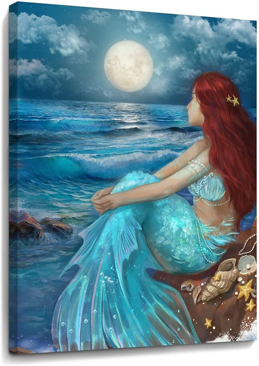 Girl Wall Decorations Blue Ocean Wall Art Bedroom Decor for Women Moon Night Wall Painting Shell Canvas Prints Size 12"x 16"