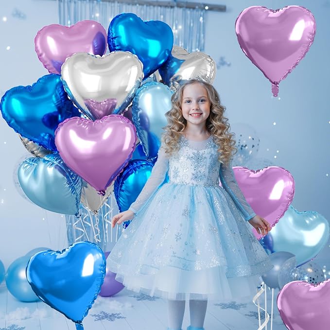 Blue Purple Silver Heart Balloons, 10 Pcs 18 Inch Metallic Purple Blue Heart Shape Foil Balloon for Kids Girls Ice Princess Wonderland Frozen Birthday Wedding Valentines Baby Shower Party Decorations