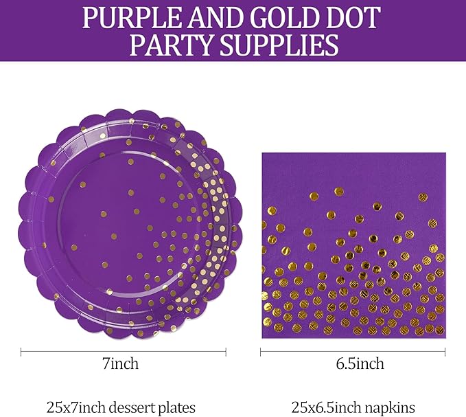 50PCS Purple Paper Plates and Napkins Set - Purple and Gold Dot Party Plates Disposable Party Tableware Dinnerware Set Party's Supplies Decorations for Birthdays, Baby Shower, Weddings and Holidays