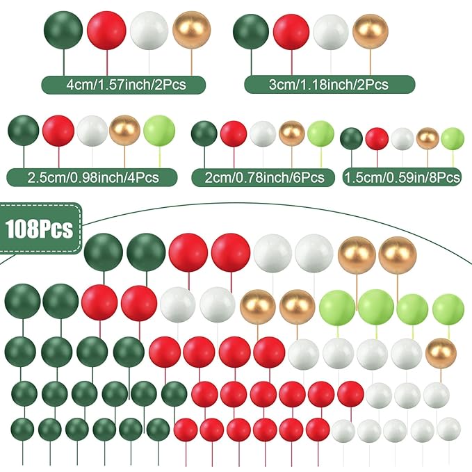 108 Pcs Balls Cake Topper DIY Cupcake Insert Foam Balloons for Cake Baking Wedding Anniversary Birthday Decoration(Various Green, Red, Gold, White,Multi Sizes)