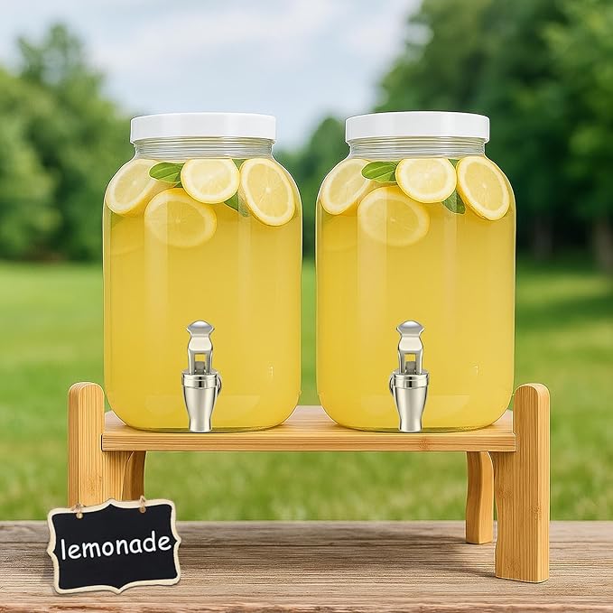 1 Gallon Large Glass Drink Dispensers with Stand for Parties, Glass Iced Beverage Dispensers with Spigot, Reusable Water Dispenser Countertop (2 Pack)