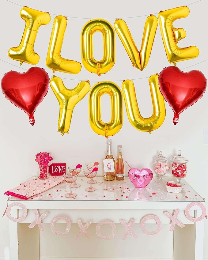 Gold I Love You Balloons and Red Heart Balloons Valentines Decorations Love Heart Balloons for for Valentines Day Bridal Shower Wedding Romantic Special Night Party Supplies Decorations