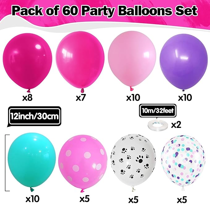 Dog Paw Balloons Set 60 Pcs 12 Inch Pink Purple Blue Balloons Puppy Paw Print Polka Dot Balloon Hot Pink Purple Teal Blue Turquoise Balloon for Kids Girls Baby Shower Birthday Party Decorations